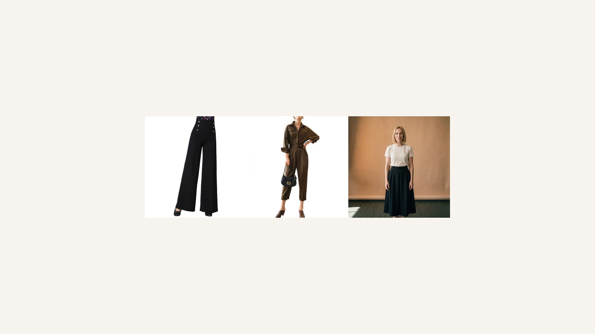 Trois alternatives chics à la robe pour un mariage : pantalon large noir, combinaison pantalon brune et jupe évasée noire Image