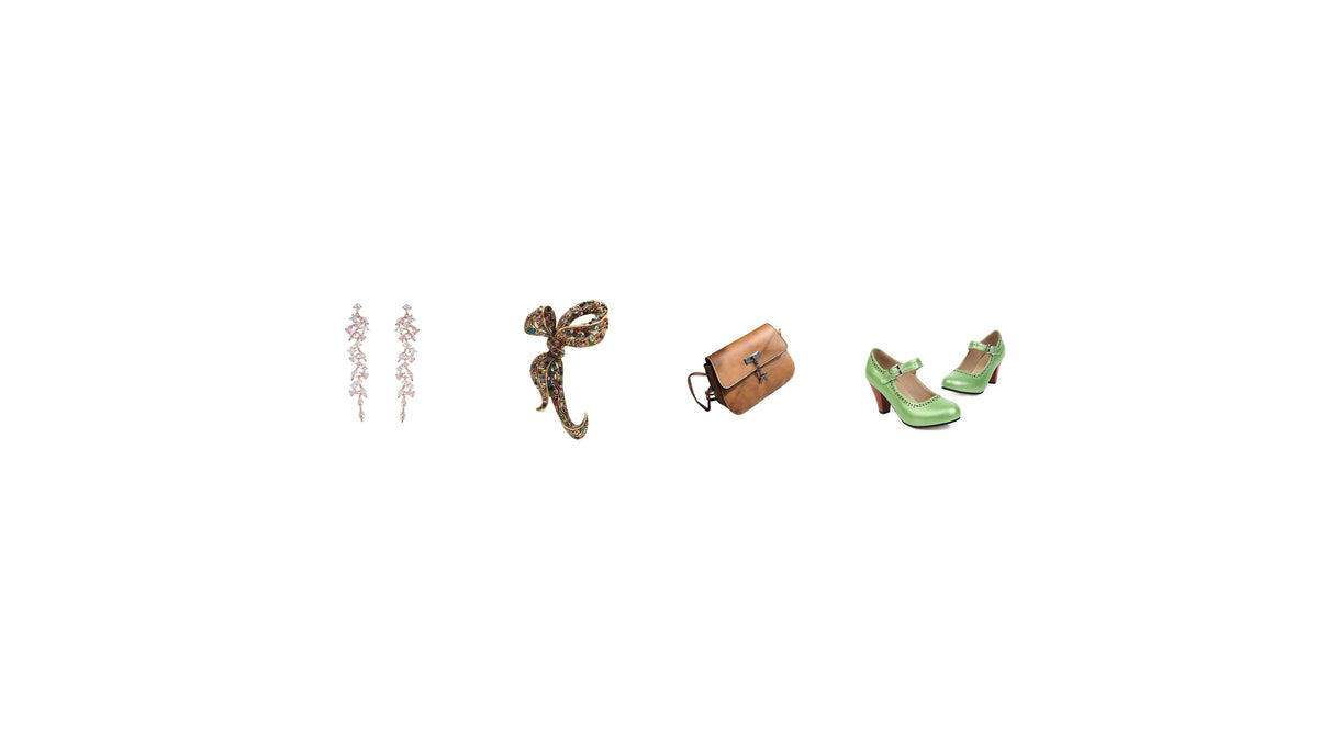 Accessoiriser une robe vintage avec des boucles pendantes, une broche ornée, un petit sac brun et des escarpins verts Image