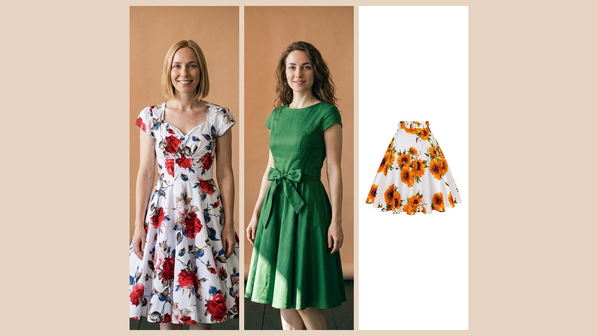 Trois idées de tenue champêtre chic : robe fleurie, robe verte et jupe à fleurs Image