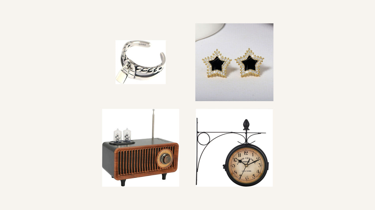 Bague, boucles d’oreilles, enceinte et horloge réunies dans une sélection de boutique vintage Image