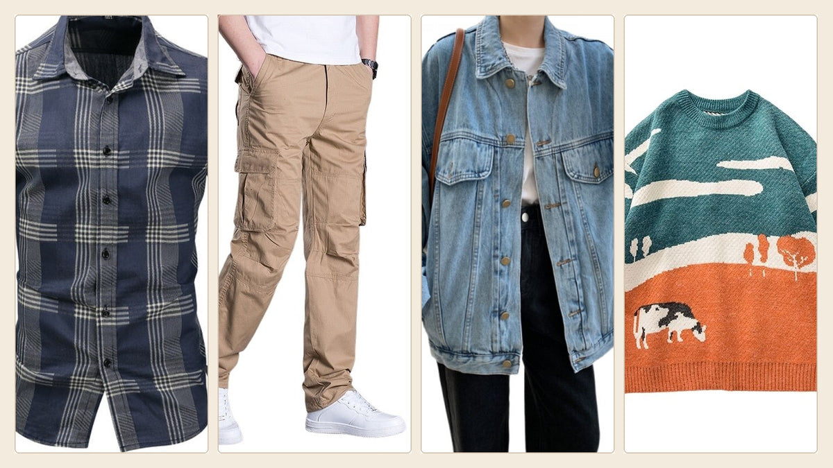 Chemise à carreaux, pantalon cargo, veste en jean et sweat graphique pour une tenue homme années 90 Image
