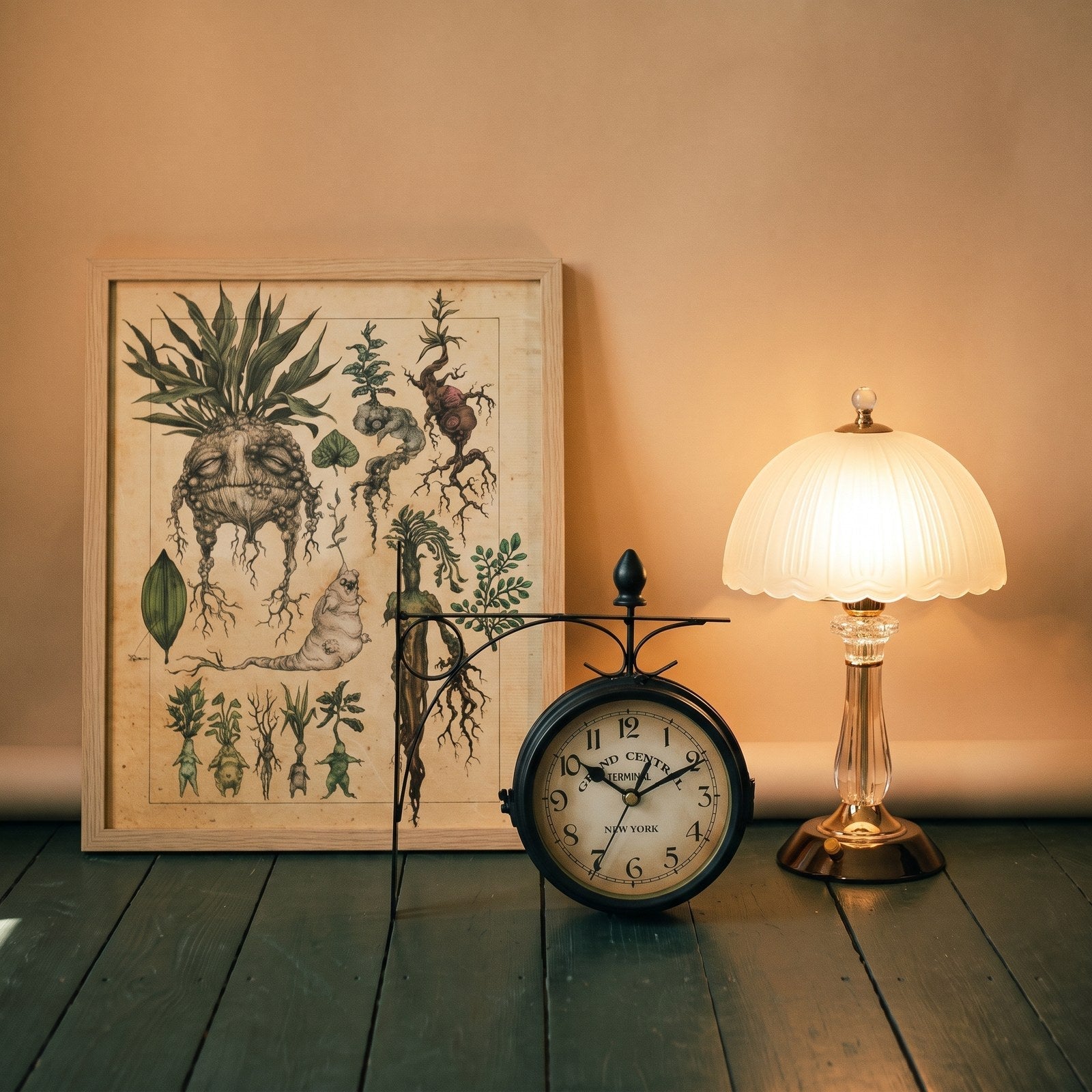 Affiche encadrée, horloge de gare et lampe à poser, décoration rétro Image