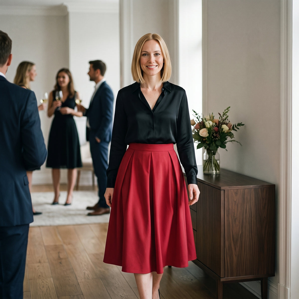 Jupe évasée vintage rouge portée lors d’une soirée chic
