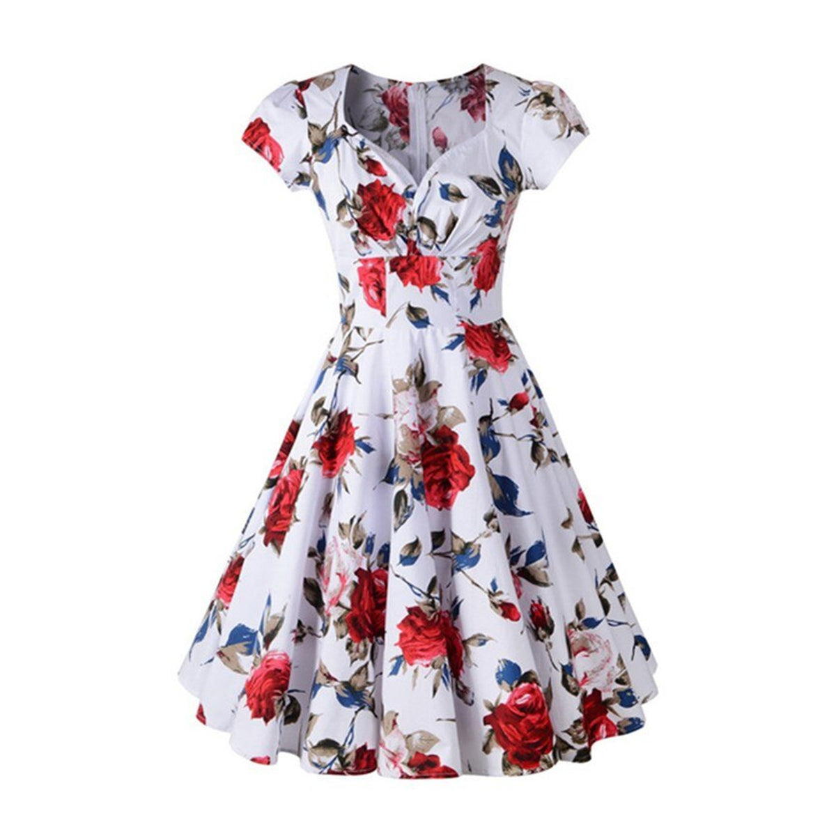 Robe année 50 fleurie à col V vue de face