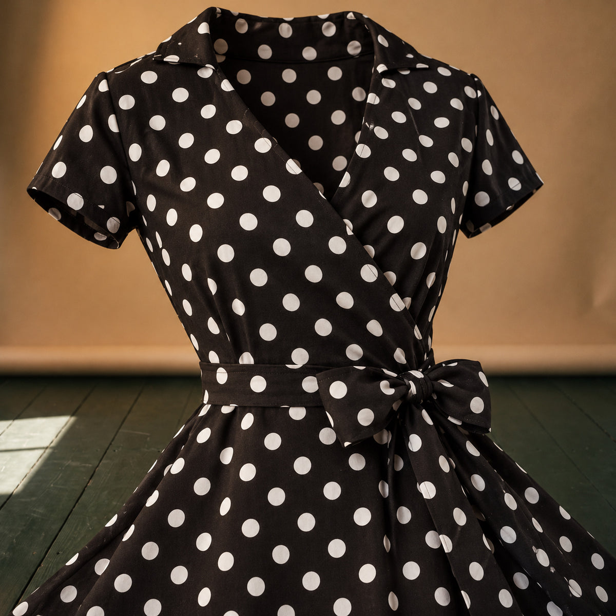 Gros plan sur la popeline à pois et la ceinture nouée de la robe années 50 Image