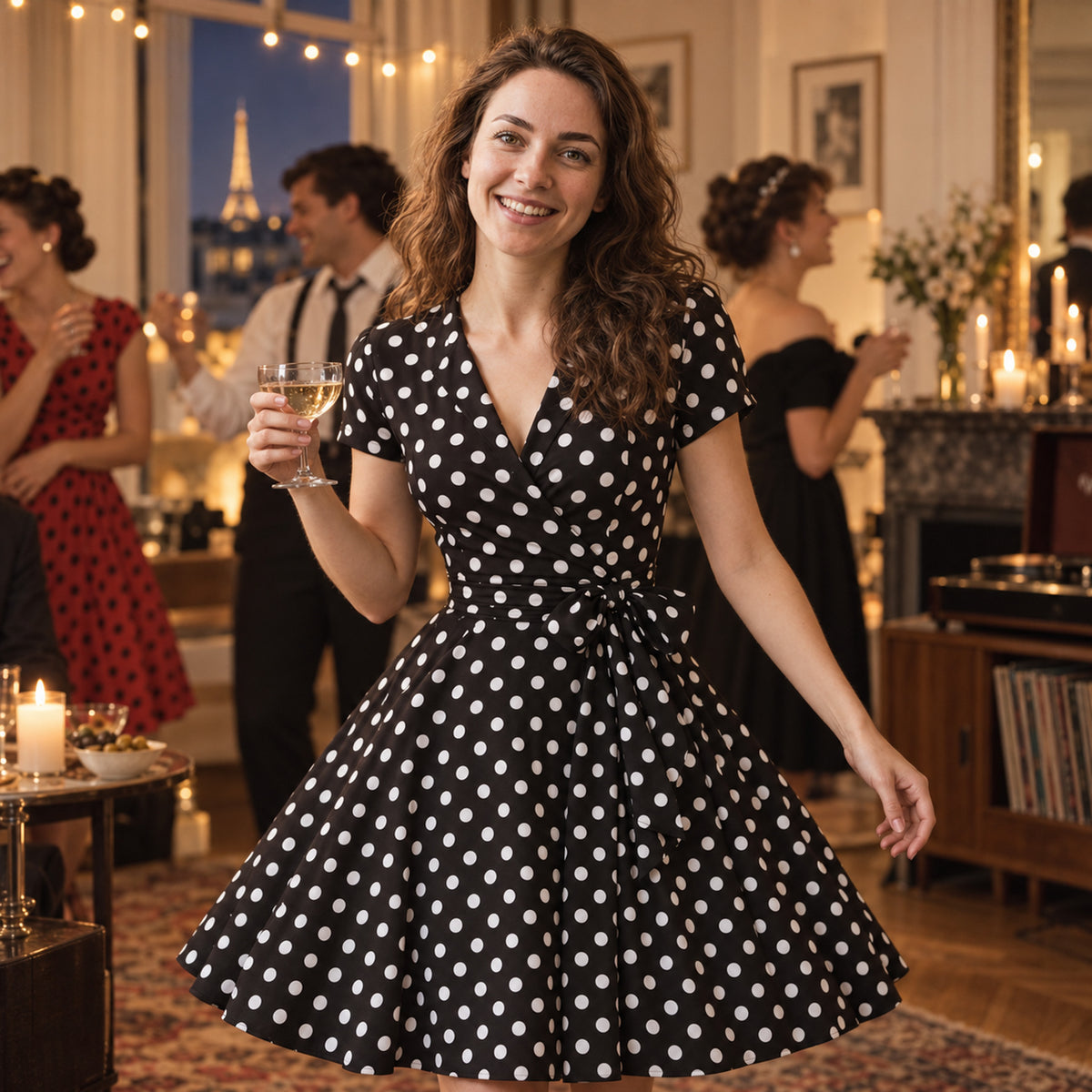 Femme portant la robe années 50 à pois lors d'une soirée à thème, jupe évasée en mouvement sur la piste Image