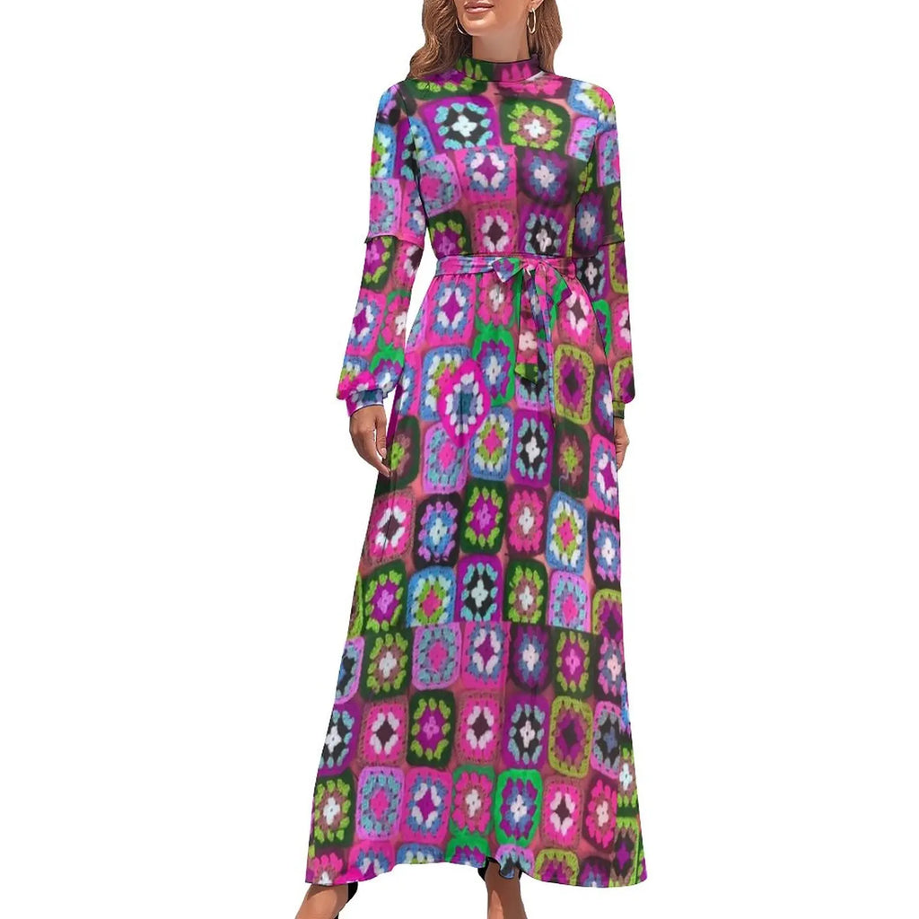 Robe Maxi Vintage Années 80 à Col Roulé et Ceinture