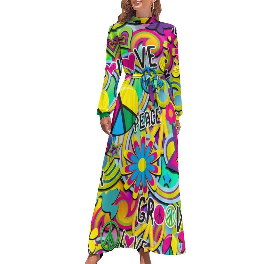 Robe Maxi Vintage Années 80 à Col Roulé et Ceinture