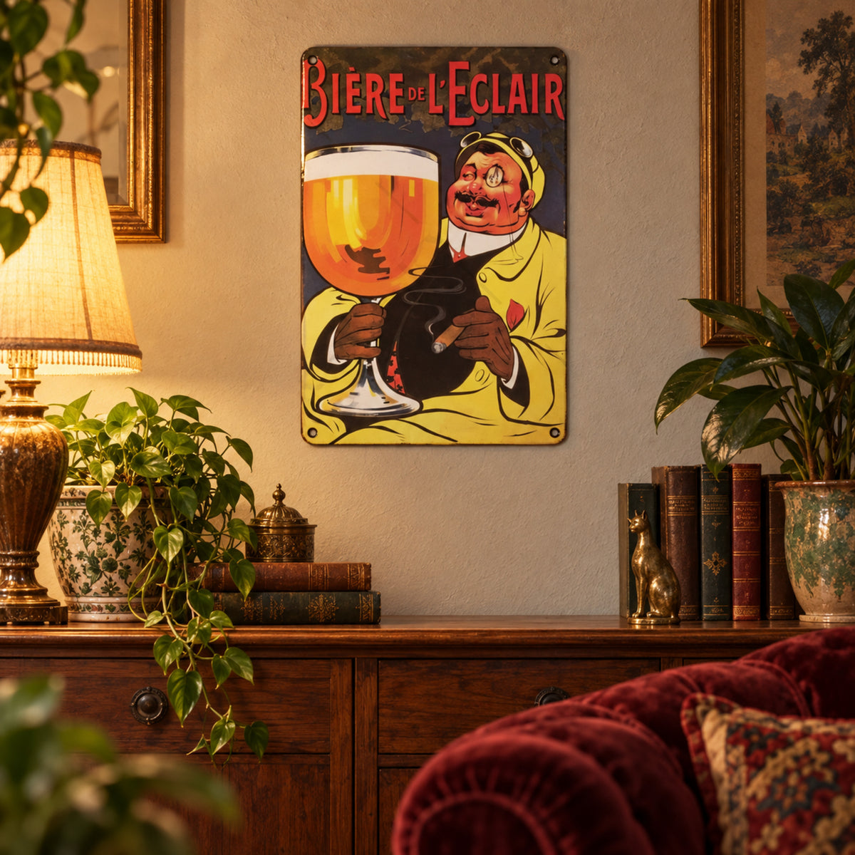 Affiche publicitaire alcool vintage en métal accrochée au mur d'un coin bar au-dessus des bouteilles Image
