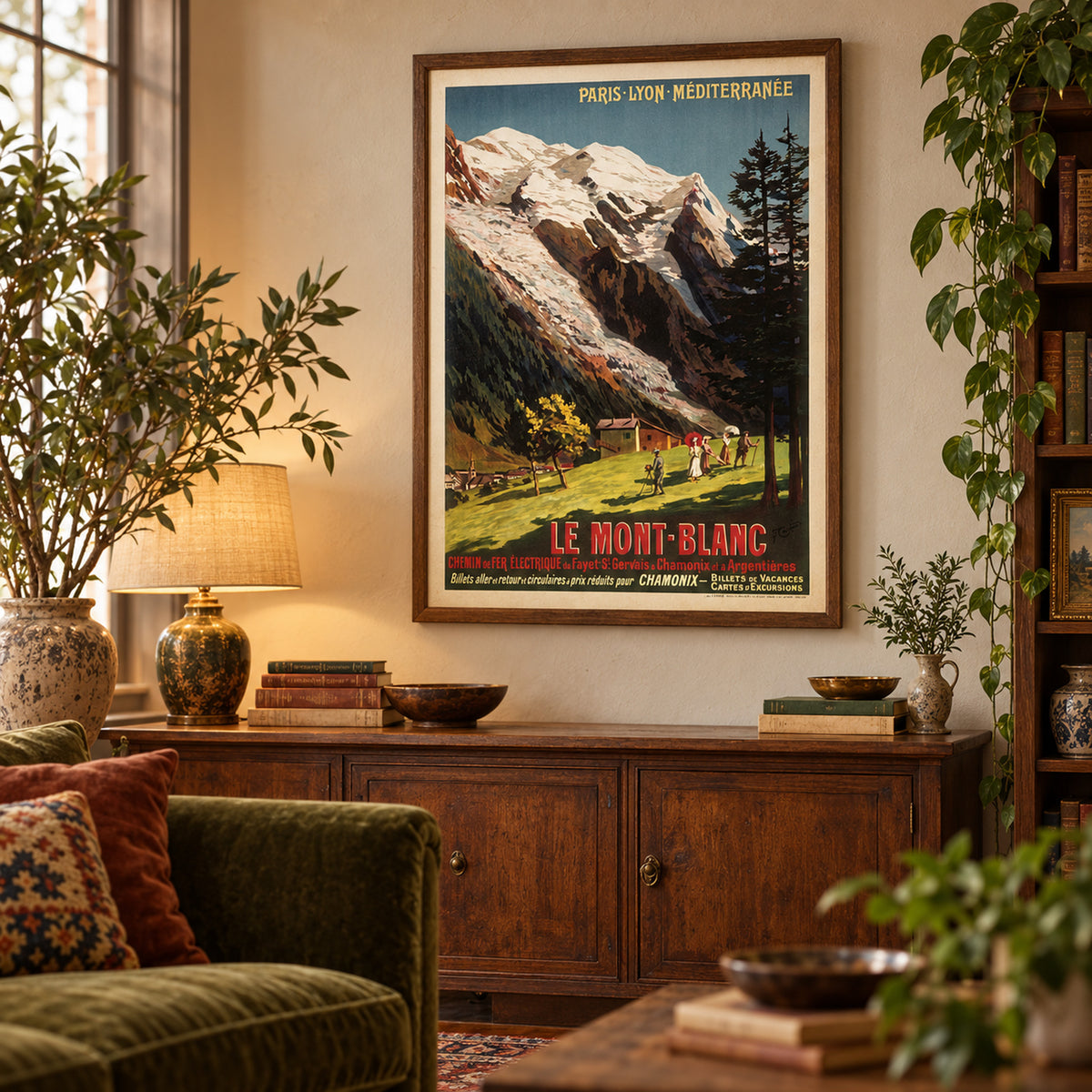 Affiche vintage Mont Blanc sur toile accrochée au mur d'un salon au-dessus d'un canapé Image