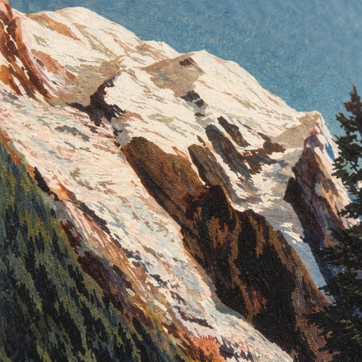 Gros plan sur le dessin des sommets enneigés et des sapins de l'affiche vintage Mont Blanc Image