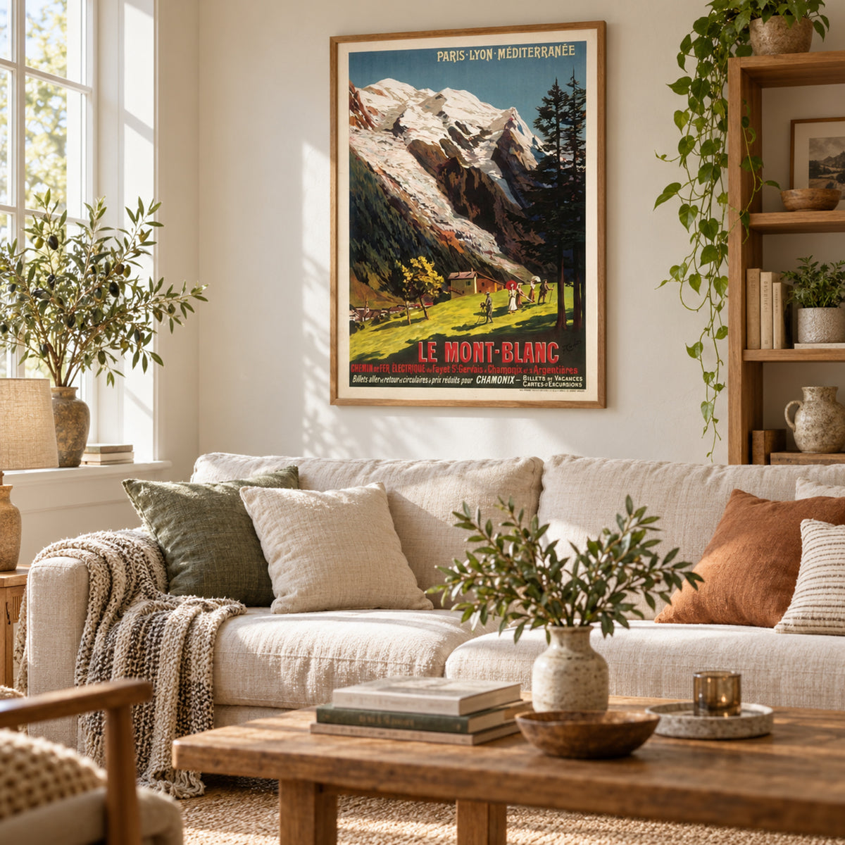 Vue large d'un salon en journée avec l'affiche vintage Mont Blanc sur toile 50 x 70 cm au mur Image