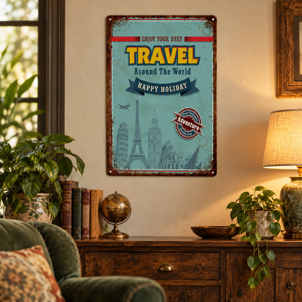 Affiche voyage vintage en métal 20 x 30 cm accrochée au mur d'une entrée, au-dessus d'une console Image