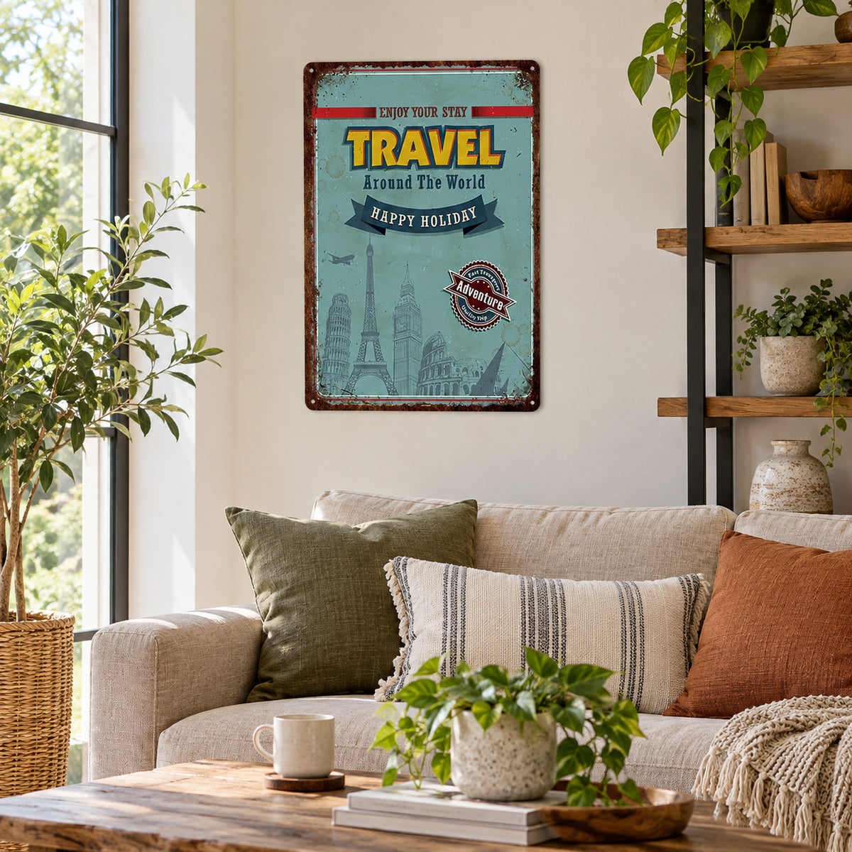 Vue large d'un bureau en journée avec l'affiche voyage vintage en métal 20 x 30 cm fixée au mur Image