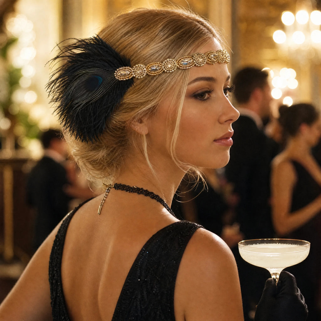 Bandeau Charleston à plume et strass dorés - Utilisation GLOBALE