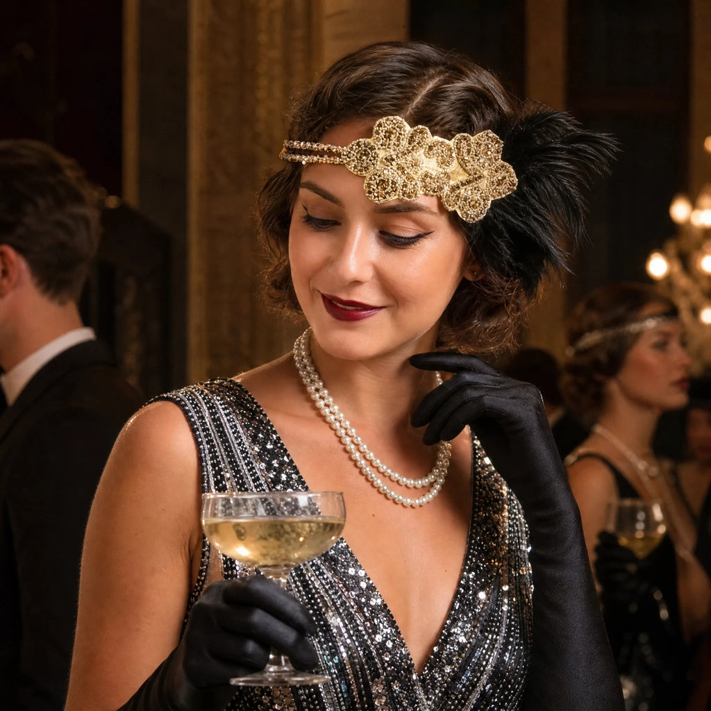 Bandeau Charleston Doré avec Plumes Noires - Utilisation GLOBALE