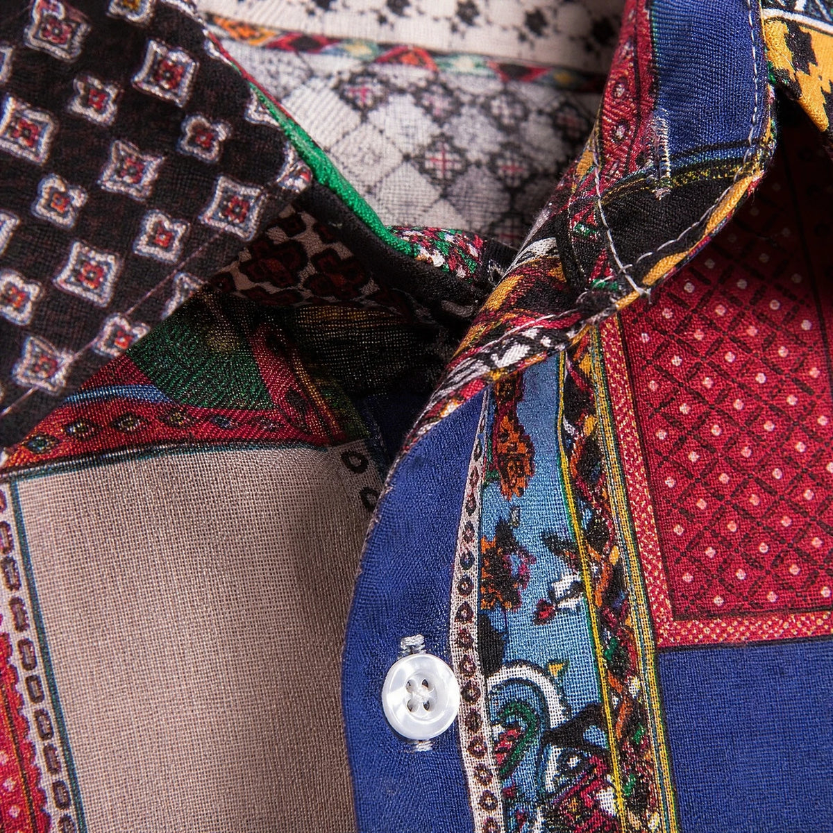 Chemise vintage à manches courtes à imprimé national - close-up détail matière