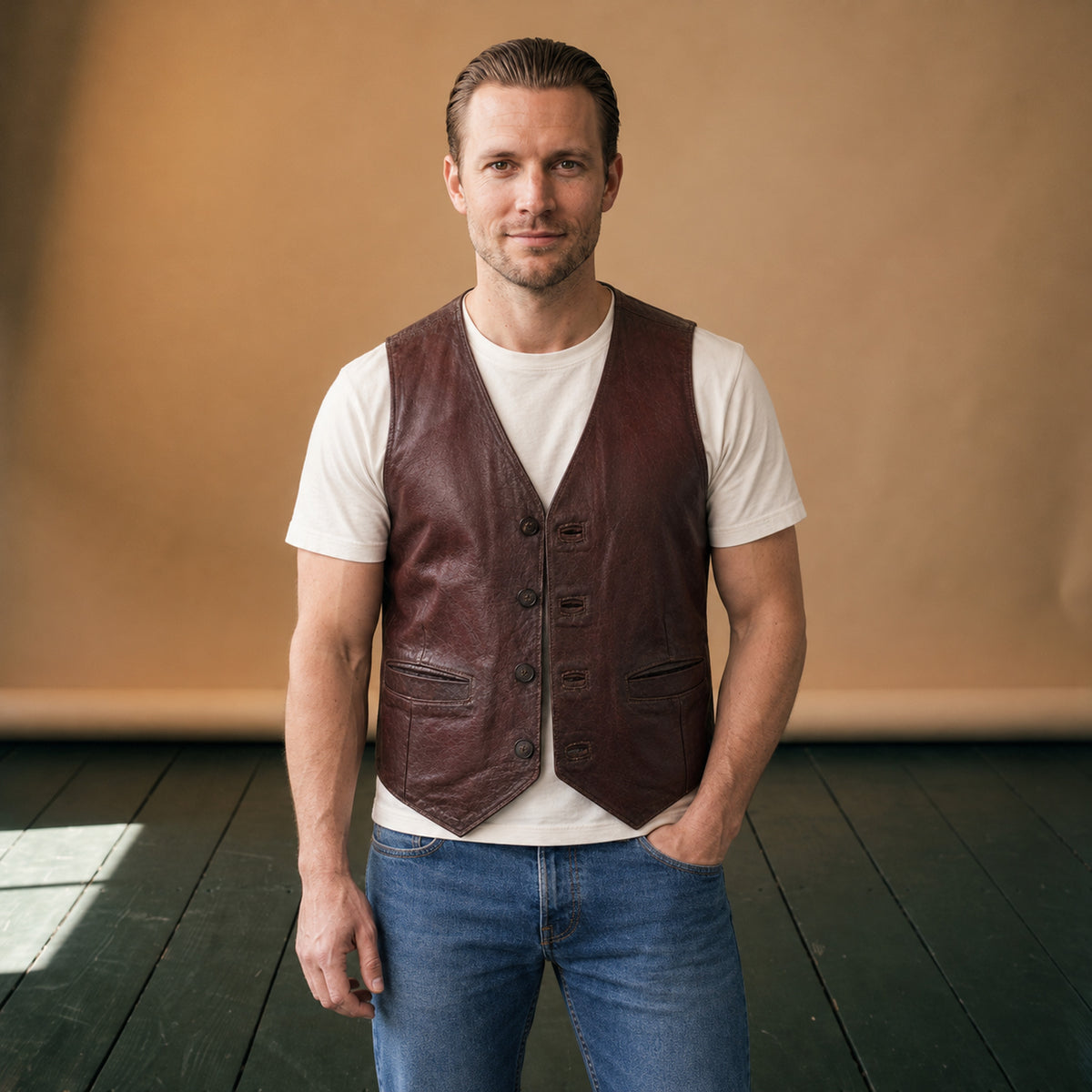 Gilet vintage homme effet cuir marron porté en studio sur une chemise claire, vue de face Image