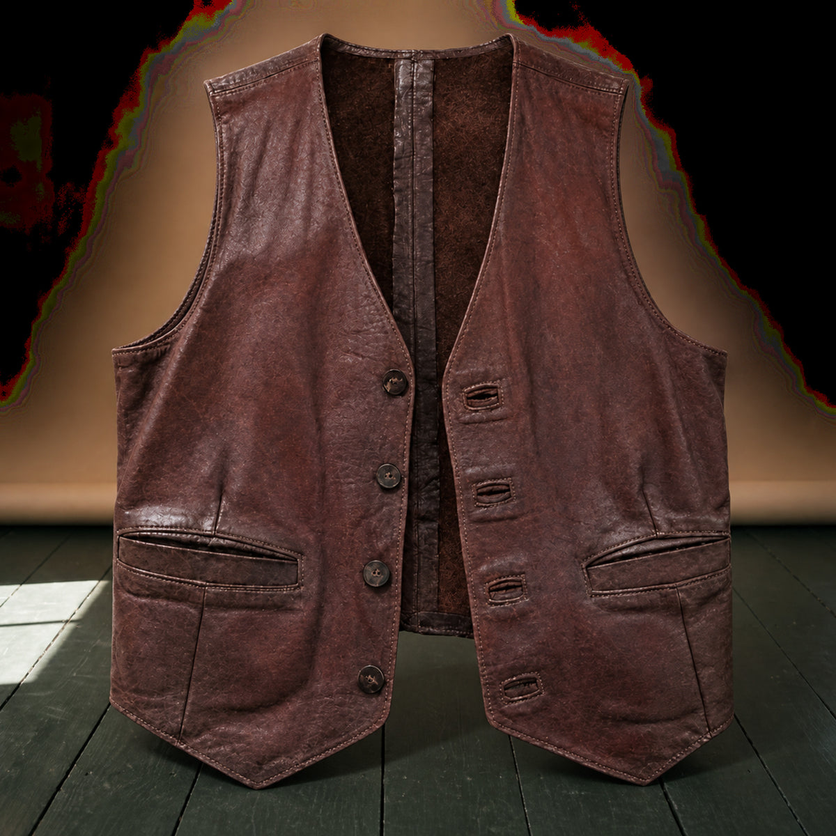 Gros plan sur la matière effet cuir patinée, les boutons et une poche du gilet vintage homme marron Image