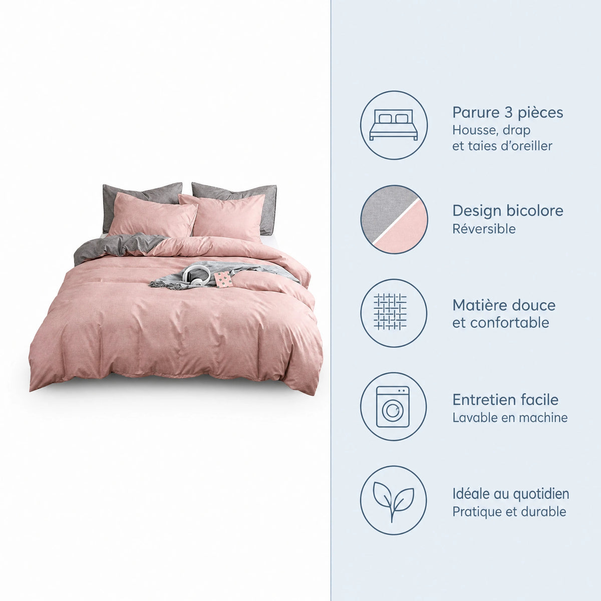 Housse de couette bicolore rose et gris réversible - Bénéfices produit