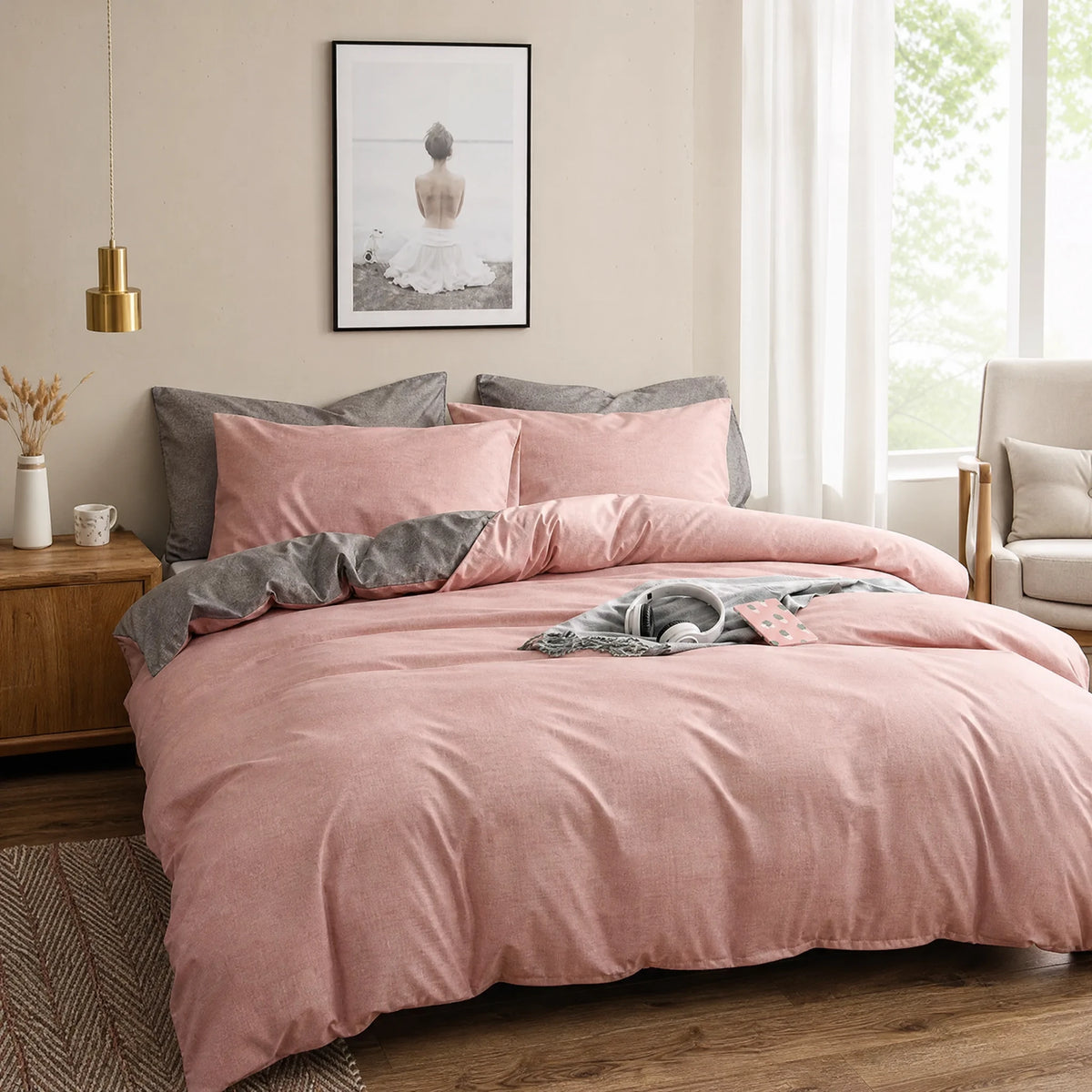 Housse de couette bicolore rose et gris réversible - OBJETS VARIES