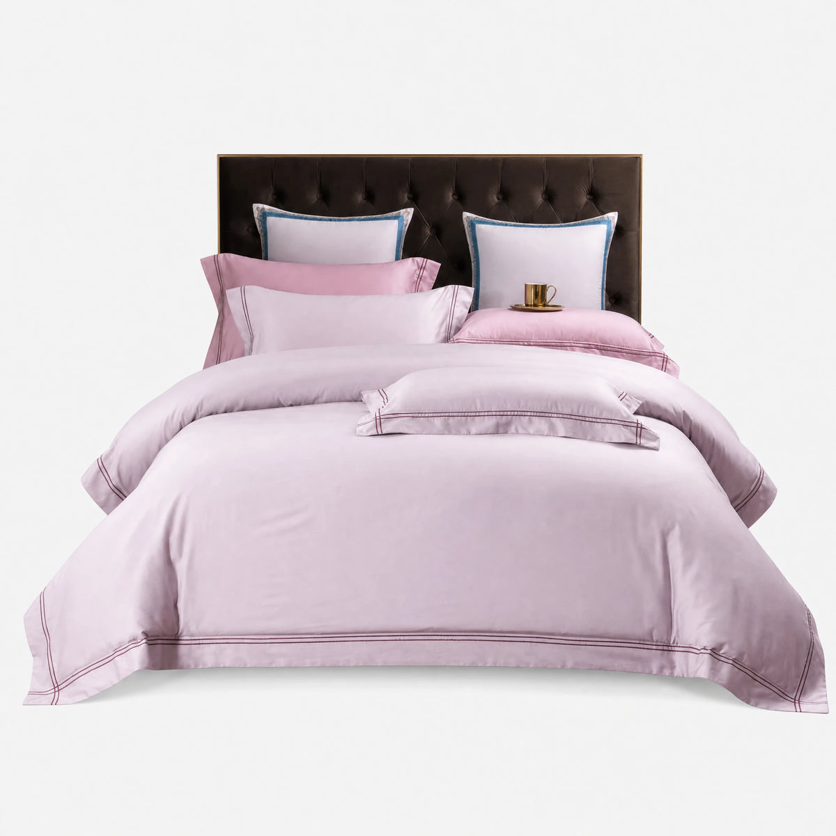 Housse de Couette Satin avec Passepoil Décoratif - Brun / 1.2M / Drap plat … (4 tailles)
