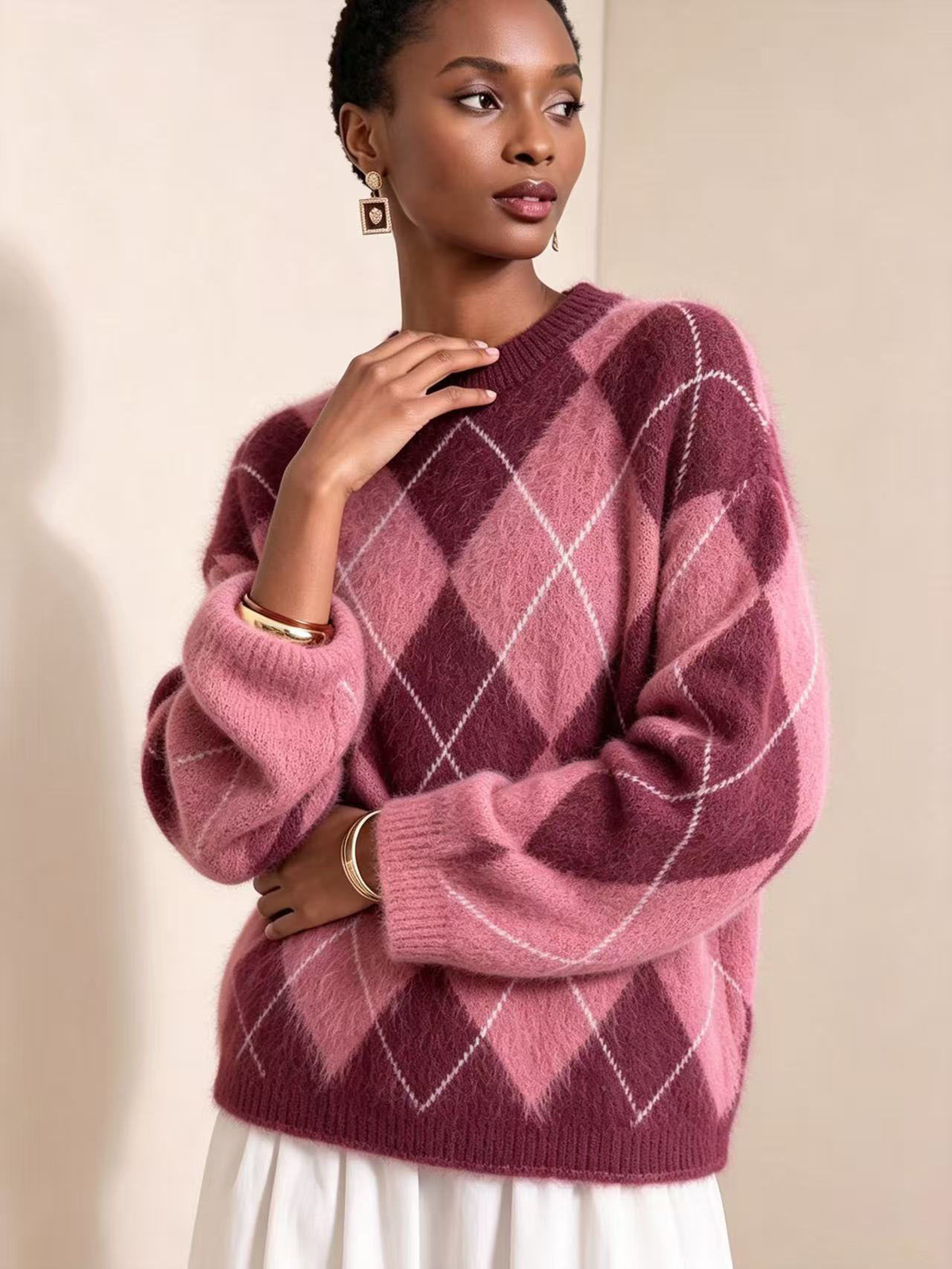 Pull Style Année 80 à Losanges, Maille Douce, Taille Unique