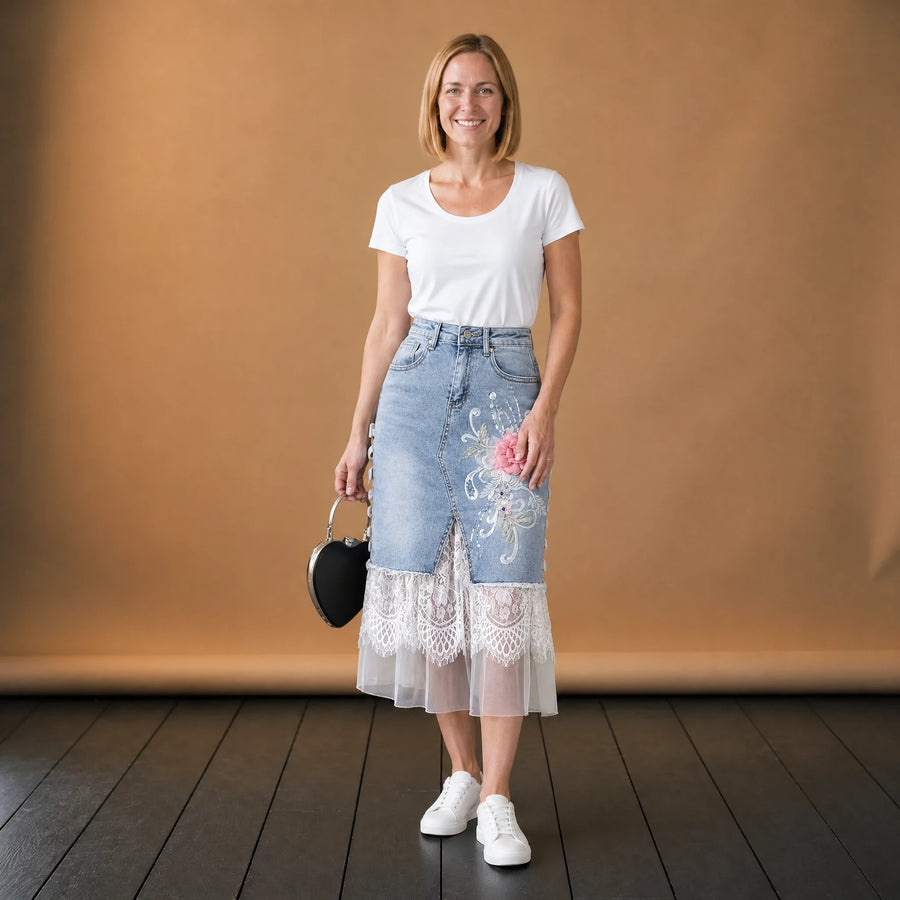 Jupe Jean et Dentelle Blanche Année 80 - VETEMENT Studio FEMME