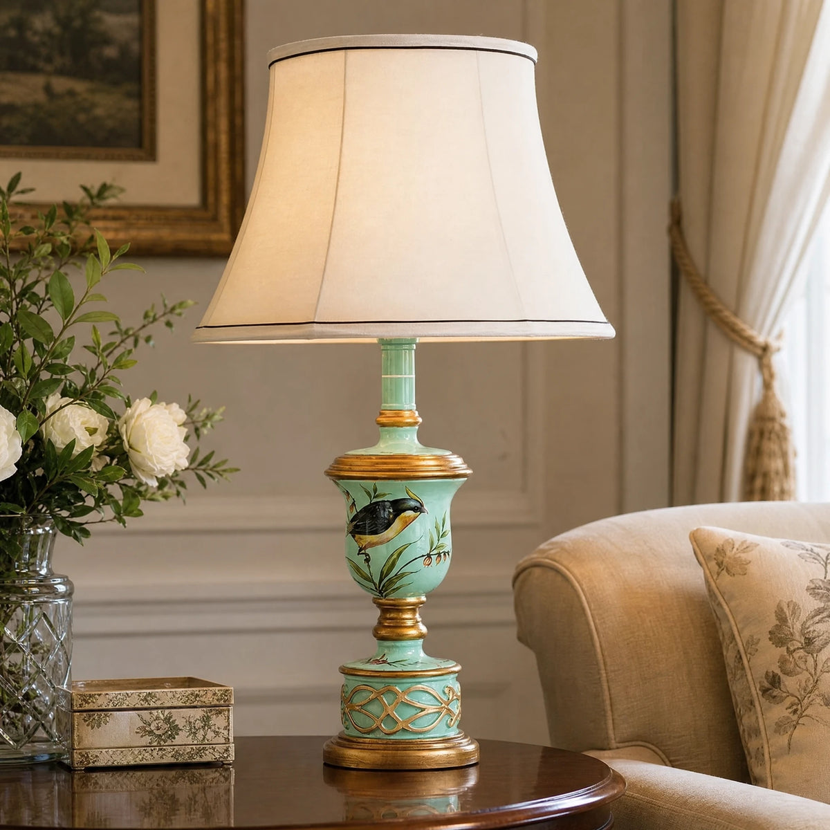 Lampe de chevet vintage à motifs peints et dorure - OBJETS VARIES