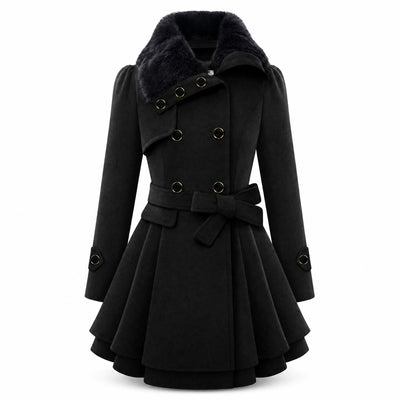 Manteau Femme Vintage Noir à Col Fourrure et Ceinture - image principale