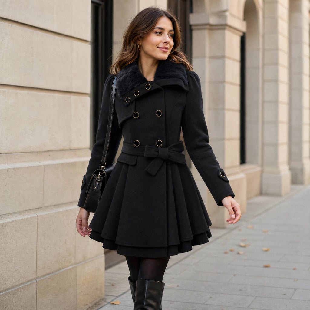 Manteau Femme Vintage Noir à Col Fourrure et Ceinture - Utilisation GLOBALE