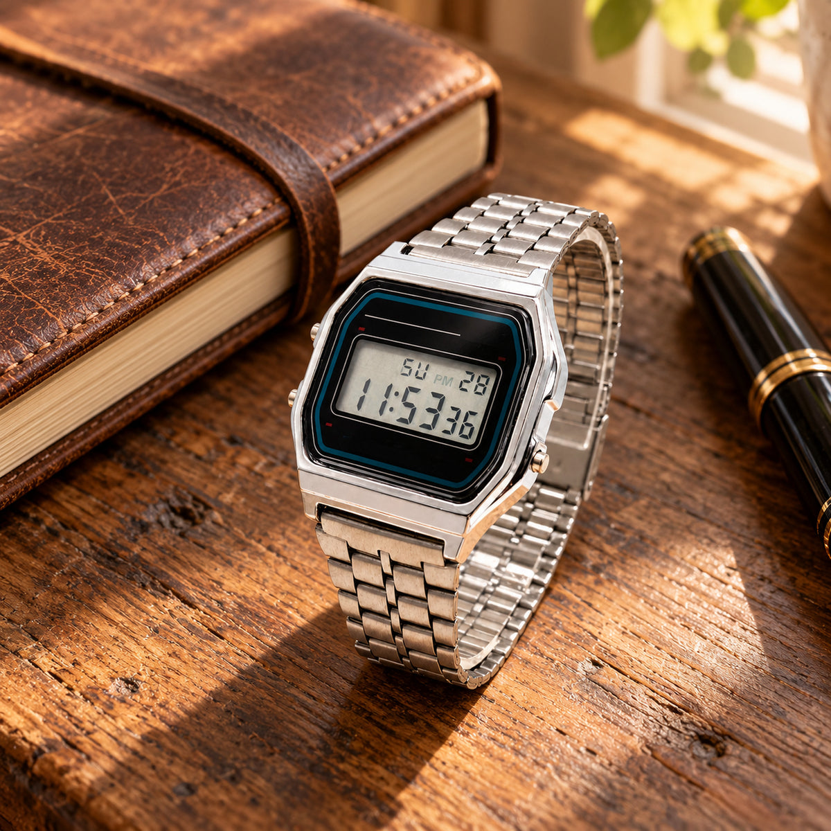Montre digitale rectangulaire rétro posée sur un bureau en bois à côté d'un carnet et d'un stylo Image