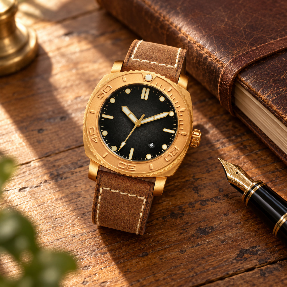 Montre plongée automatique vintage bronze portée au poignet en bord de mer, cadran noir et bracelet marron Image