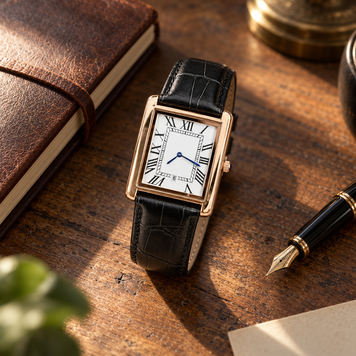 Montre rectangulaire homme vintage posée sur un bureau en bois à côté d'un carnet en cuir et d'un stylo Image