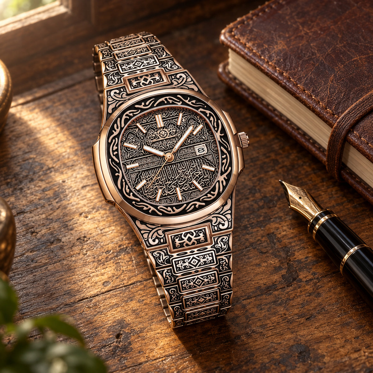 Homme portant la montre vintage gravée à bracelet métal lors d'un dîner, poignet posé sur la table Image