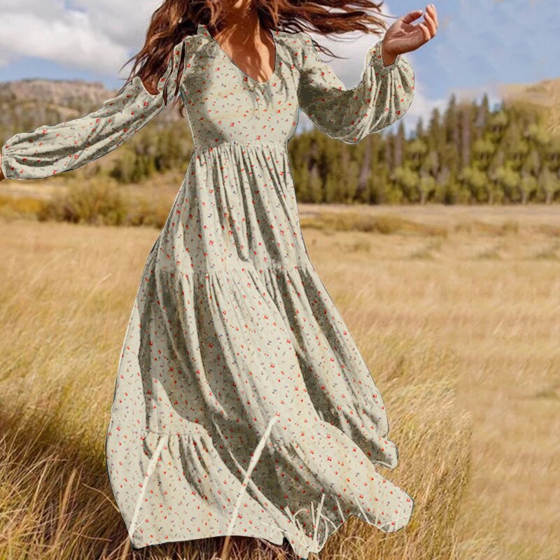 Robe longue vintage boheme portee dans un champ Image
