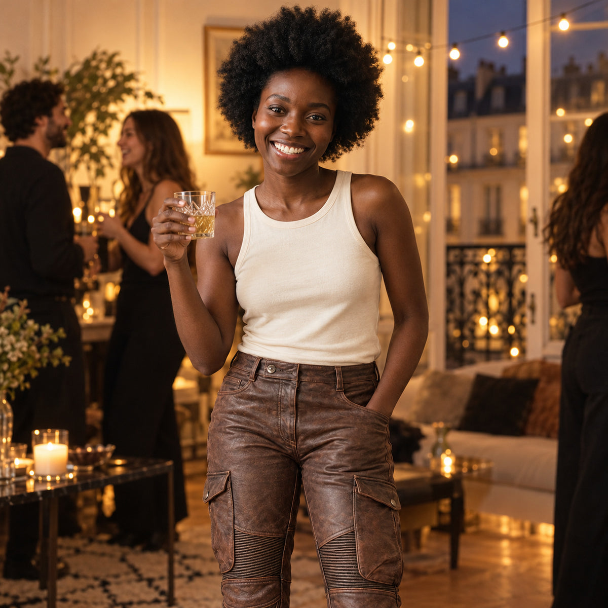 Personne en pantalon moto effet cuir lors d'une soirée entre amis dans un appartement chaleureux Image