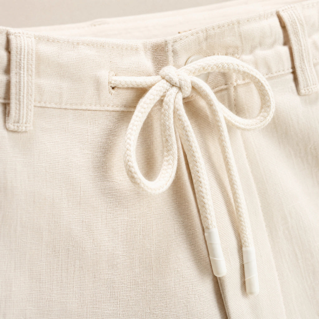 Pantalon Lin Homme Taille Élastique à Cordon Beige - close-up détail matière