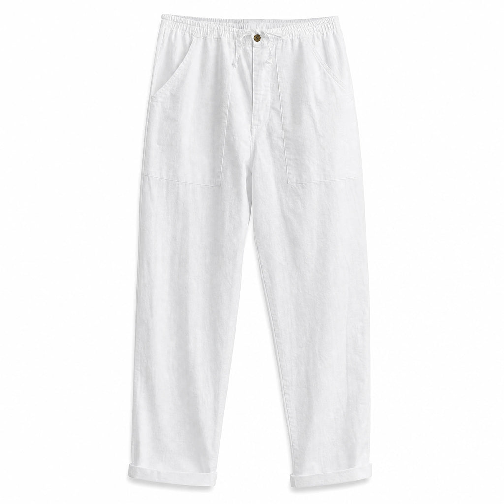 Pantalon rétro en coton et lin de couleur unie - image principale