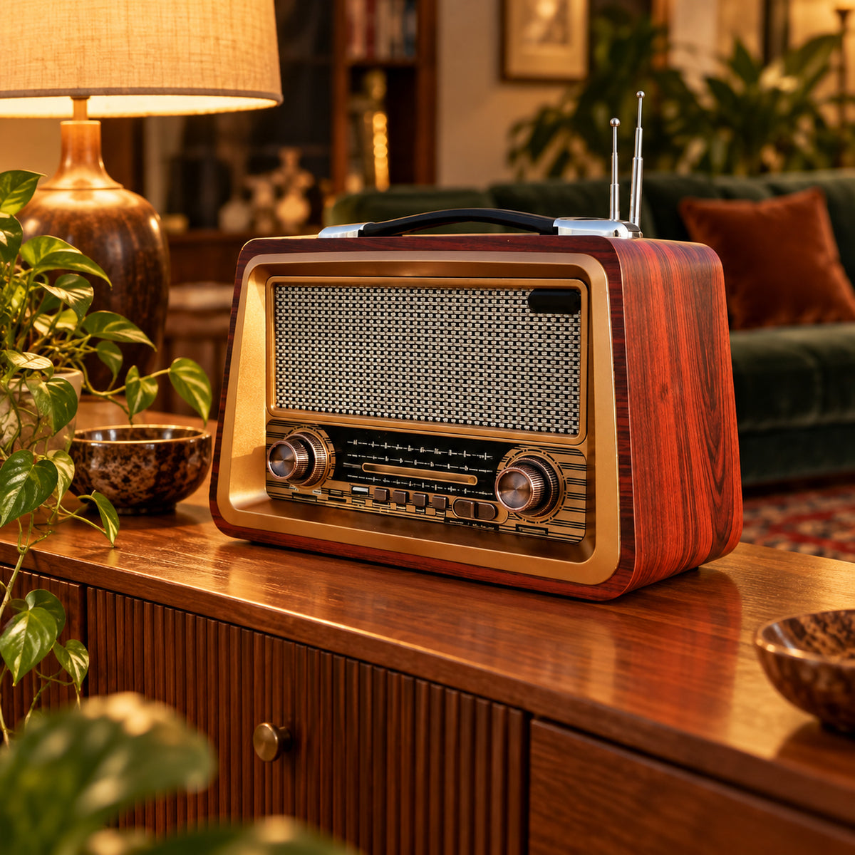 Poste radio style vintage en bois posé sur une console dans un salon, allumé le soir Image