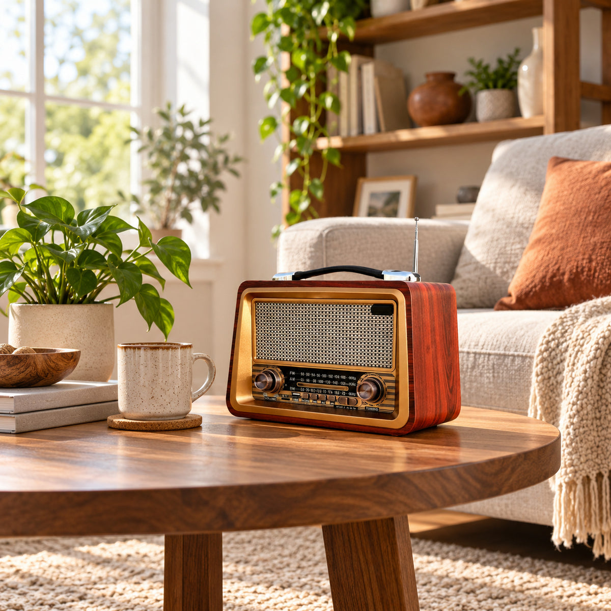 Vue large d'un salon en journée avec le poste radio style vintage en bois posé sur une étagère Image