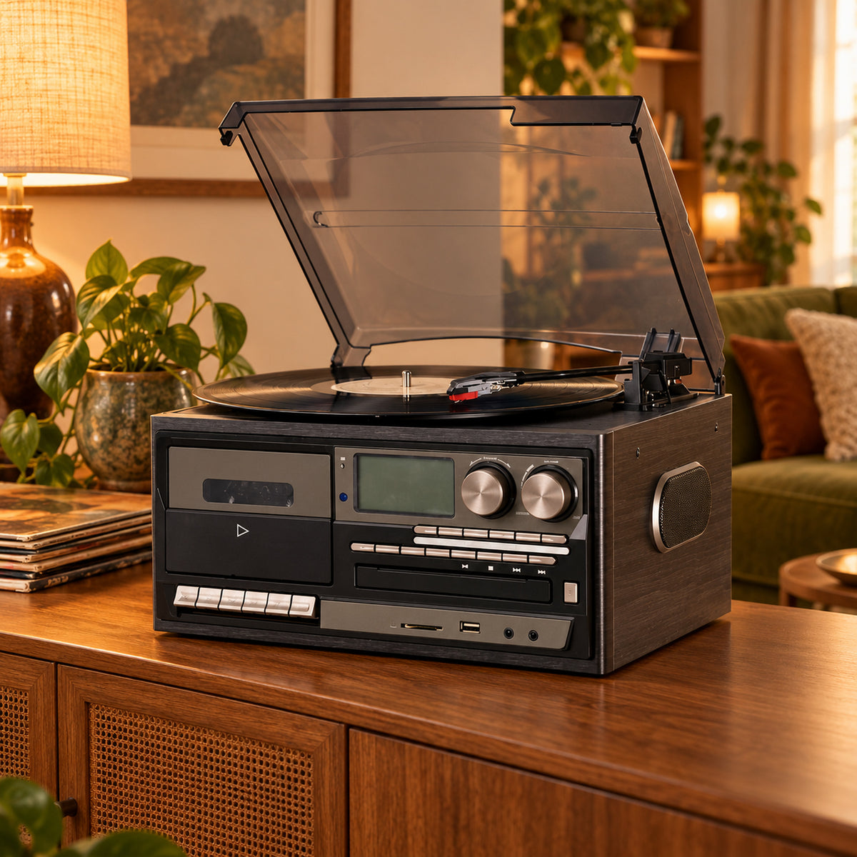 Radio CD vintage avec platine vinyle et lecteur cassette posée sur un buffet de salon, un disque en lecture Image