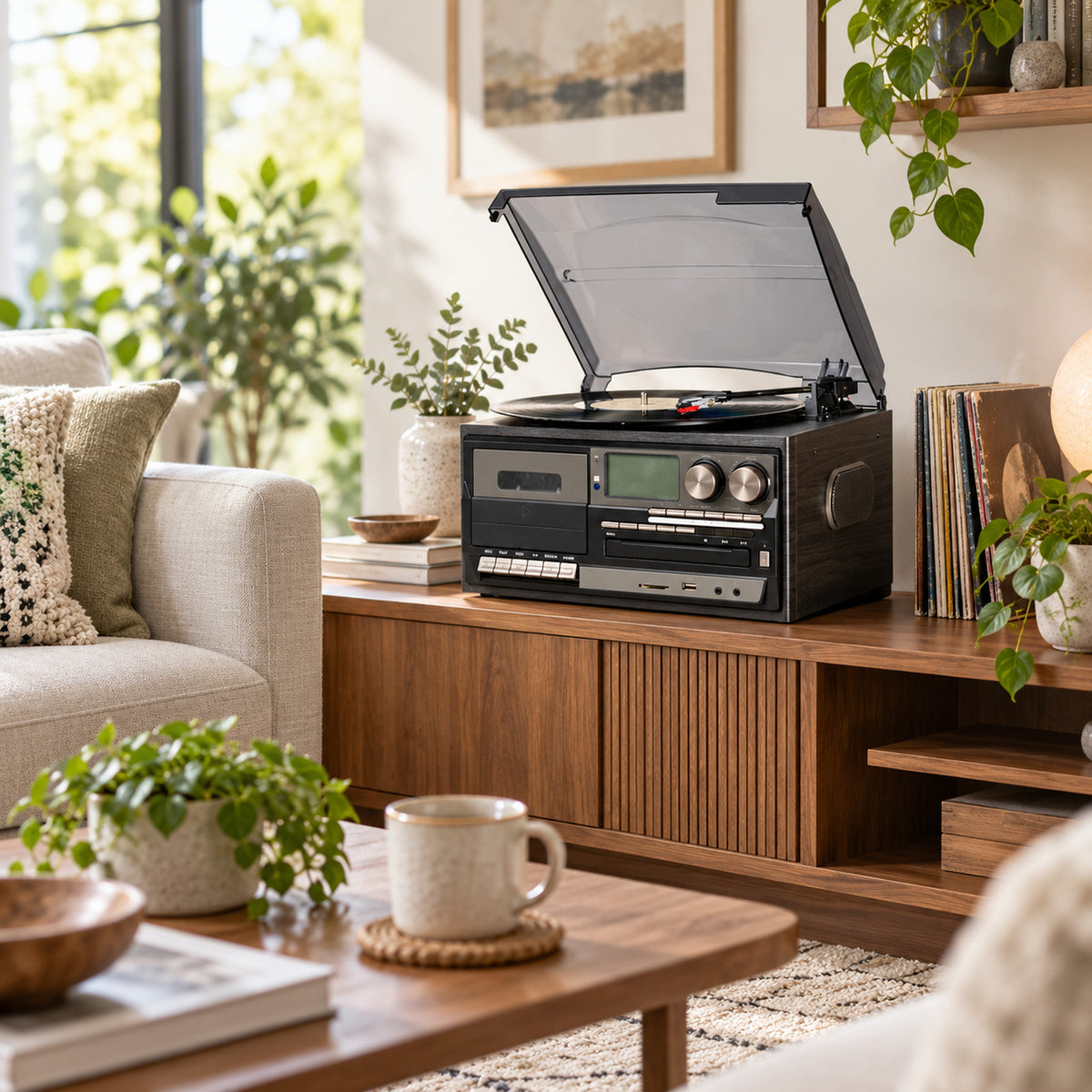 Vue large d'un salon en journée avec la radio CD vintage à platine vinyle posée sur un buffet en bois Image