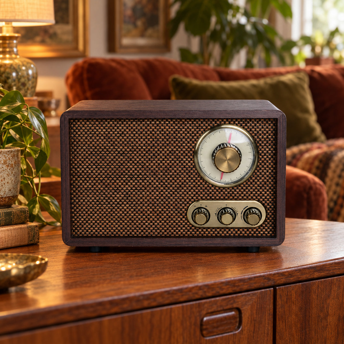 Radio vintage bluetooth en bois avec grand cadran rond posée allumée sur une étagère de salon le soir Image
