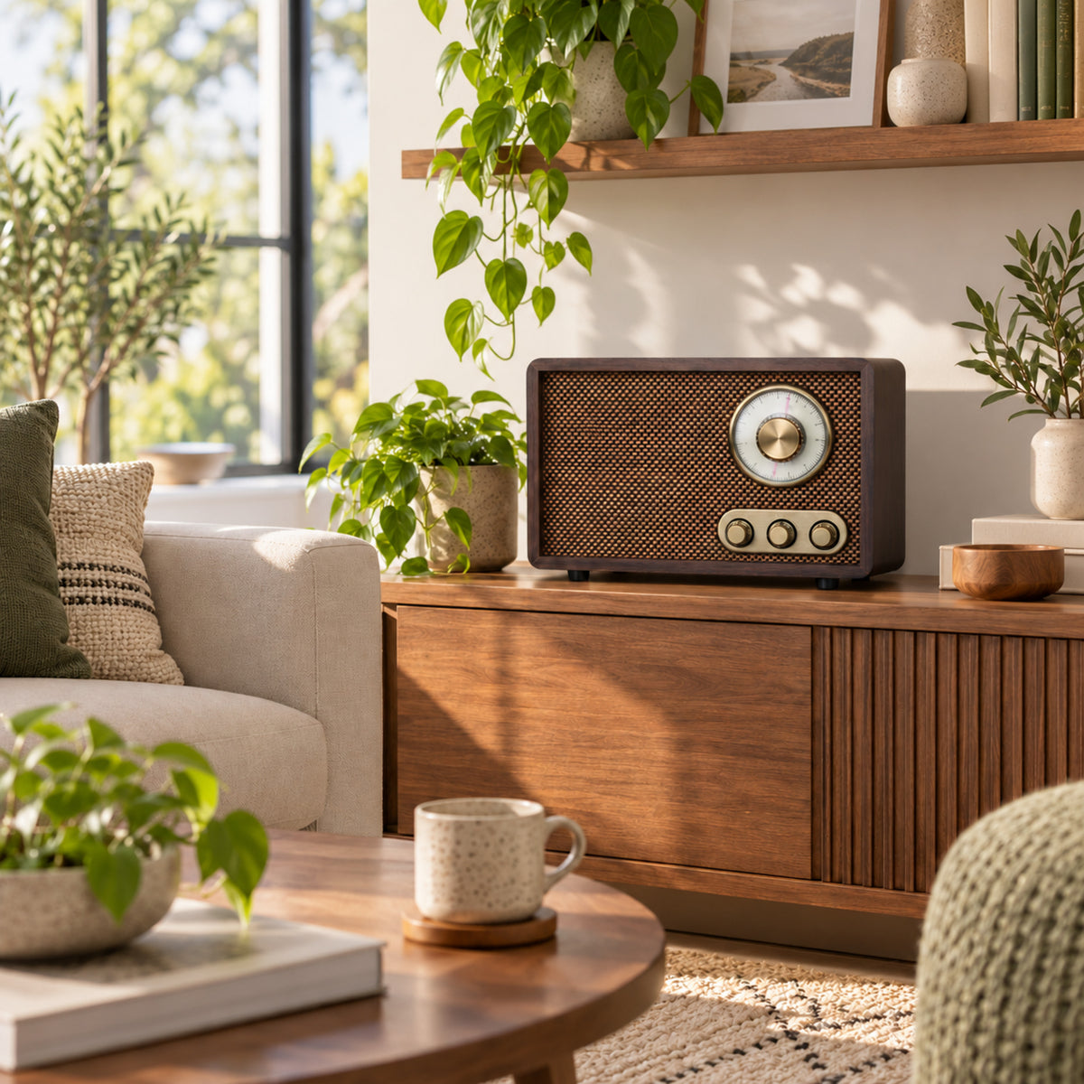 Vue large d'un salon en journée avec la radio vintage bluetooth en bois posée sur un buffet Image