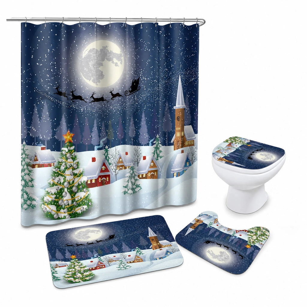 Rideau Douche Noël Village Enneigé Lune et Traineau - image principale