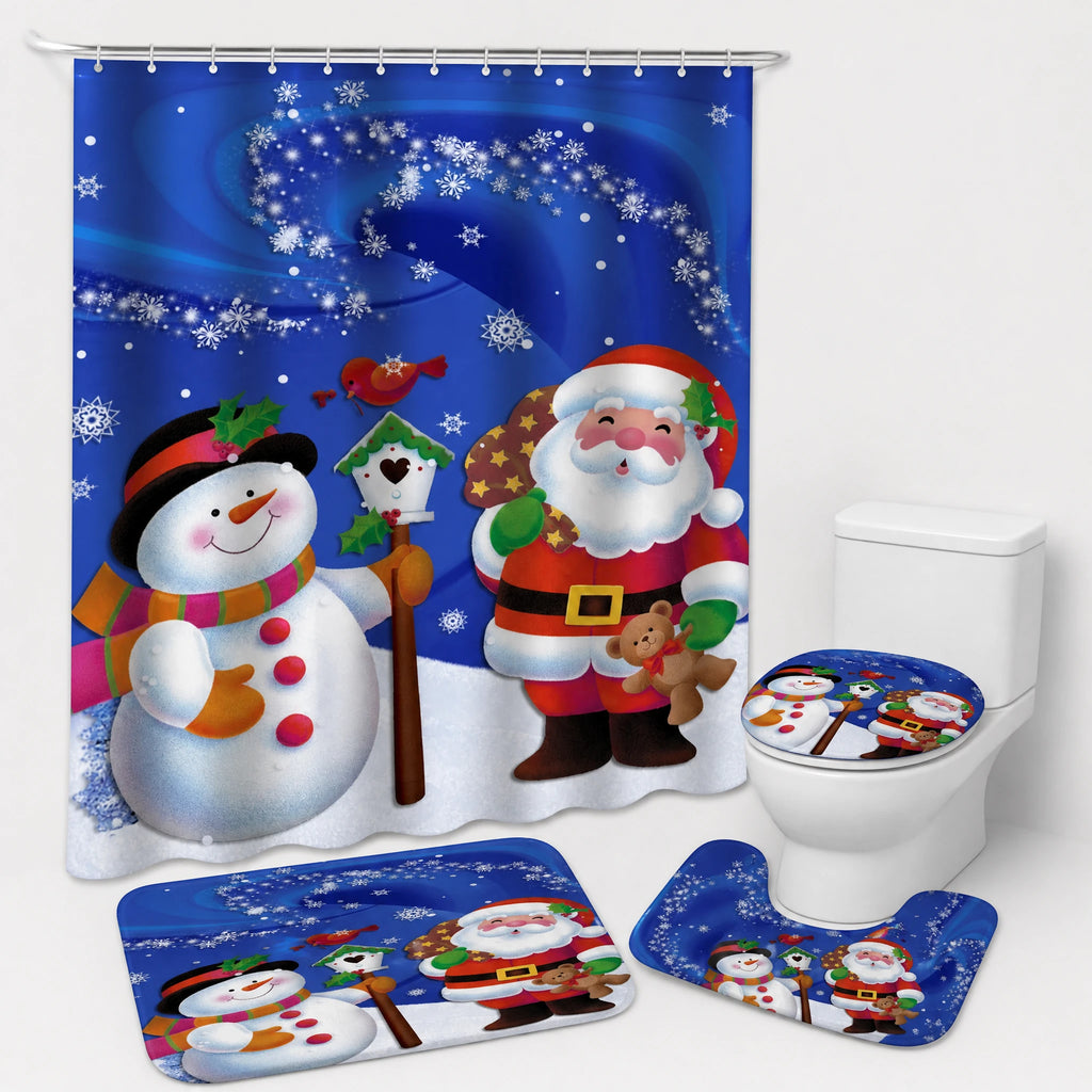 Rideau Douche Noël Village Enneigé Lune et Traineau - Père Noël bleu / 120x180 300g