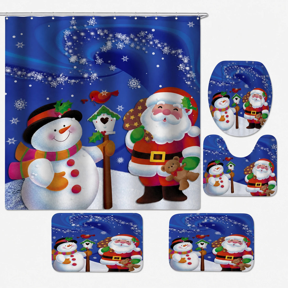 Rideau Douche Noël Village Enneigé Lune et Traineau - Père Noël bleu / 150x180 320g