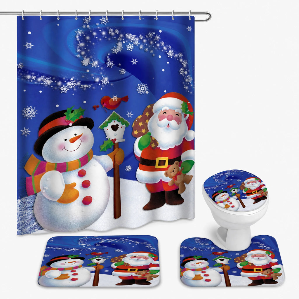Rideau Douche Noël Village Enneigé Lune et Traineau - Père Noël bleu / 180x180 380g