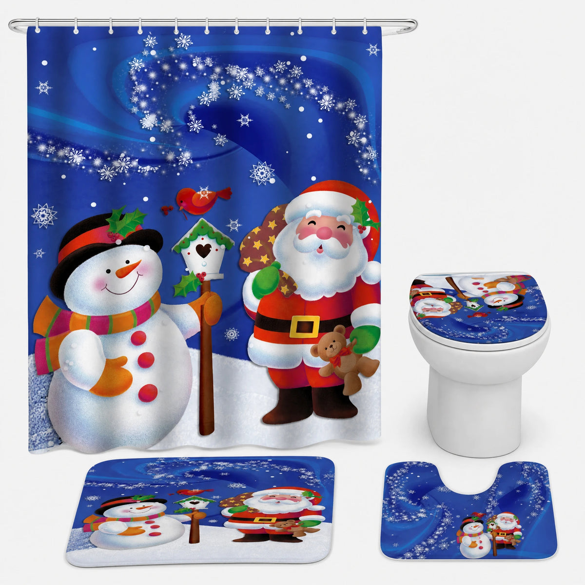 Rideau Douche Noël Village Enneigé Lune et Traineau - Père Noël bleu / 180x90 240g